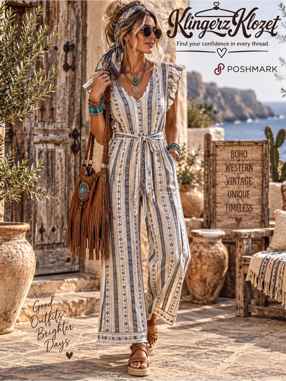 Monteau NWOT Striped Linen Blend Wide Leg Jumpsuit Boho Coastal